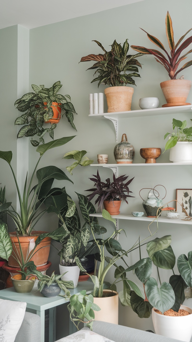 A cozy living area filled with various indoor plants in decorative pots against a soft green wall.