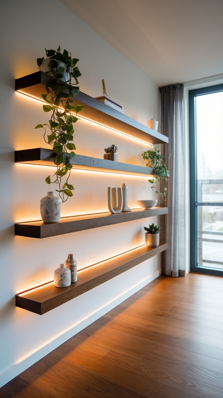 Floating shelves with integrated warm LED lighting displaying plants and decorative items