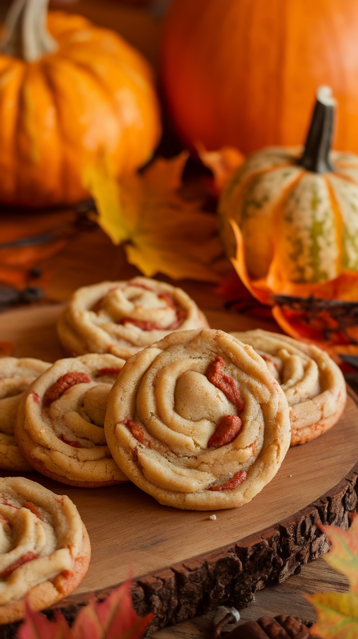 A display of candy apple cookies with seasonal decorations.