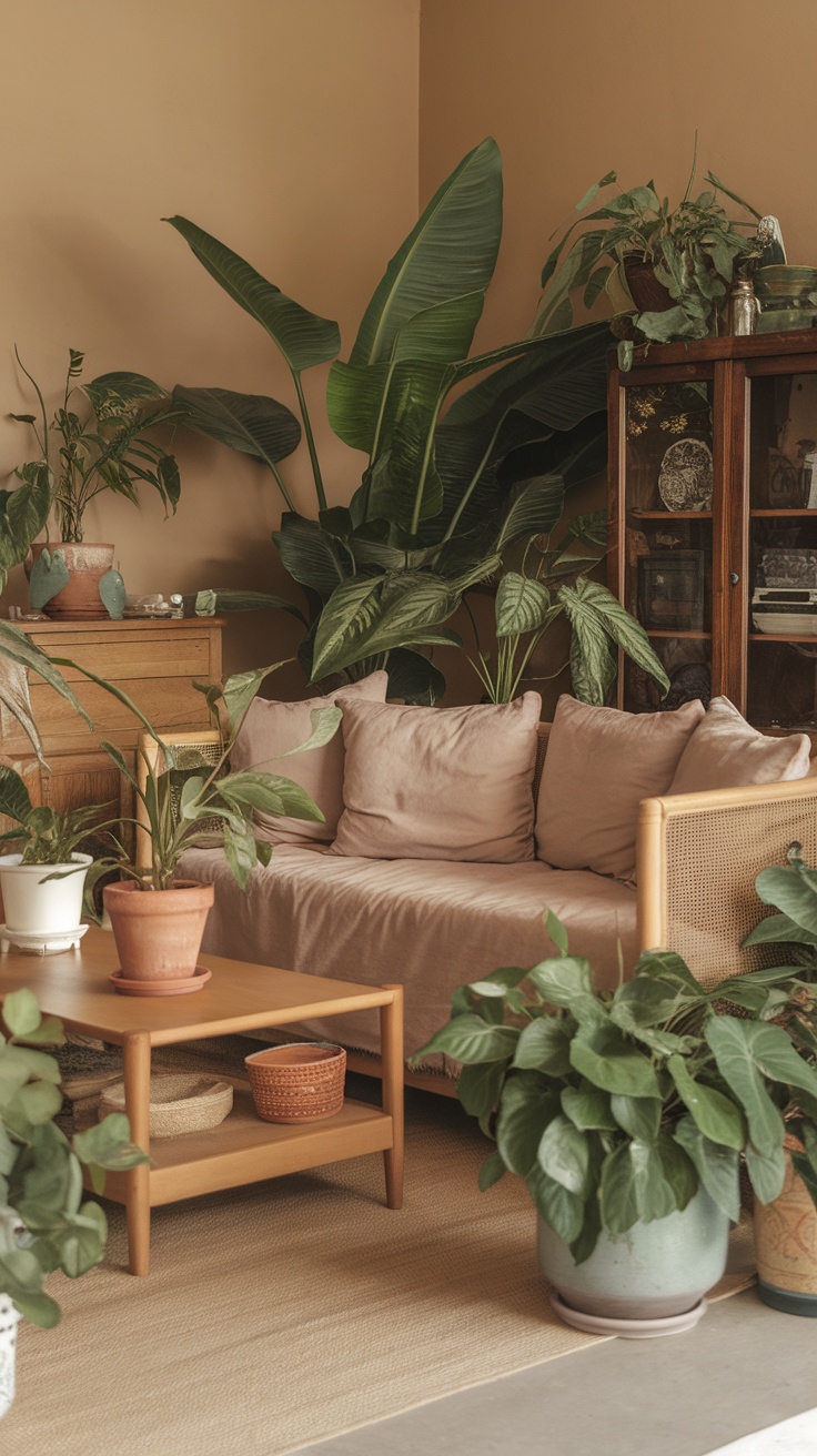 A cozy living room filled with various indoor plants, featuring a beige couch and wooden furniture.