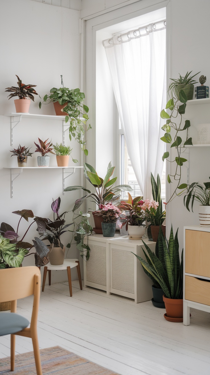 A bright room filled with various indoor plants, showcasing a relaxed and cozy vibe.