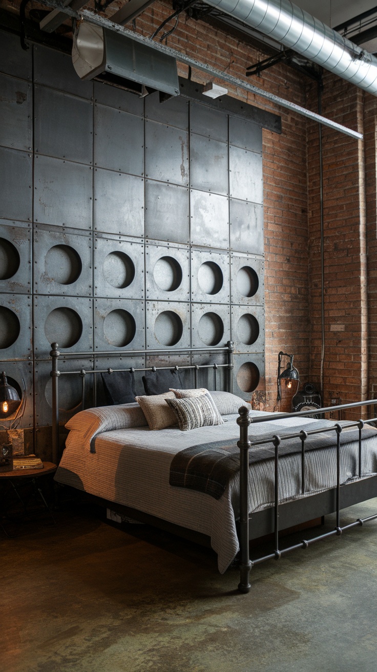 A bedroom featuring industrial-style metal wall panels, an exposed brick wall, and a vintage metal bed frame.