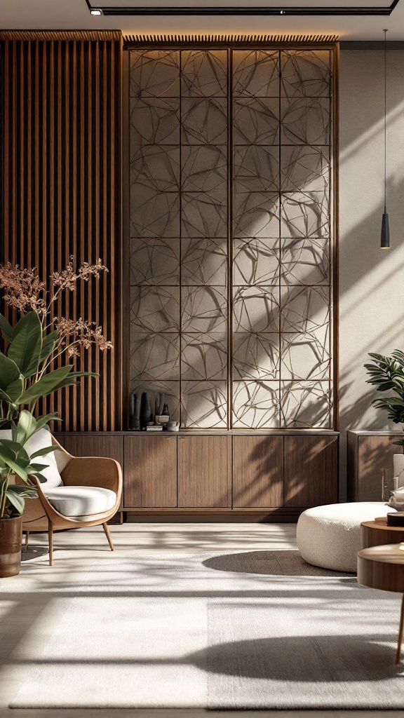 Stylish room divider in a cozy apartment setting, showcasing intricate design and warm wood tones