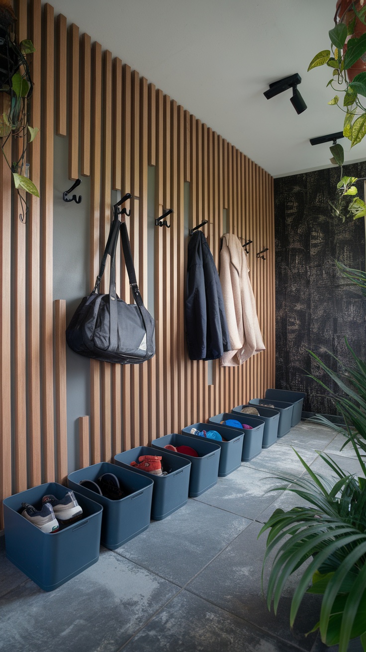 Modern entryway with wooden slatted wall, hooks for coats, and storage bins for shoes