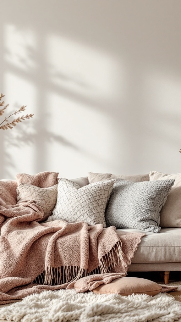 A cozy living room with a soft couch, plush pillows, and a warm blanket.