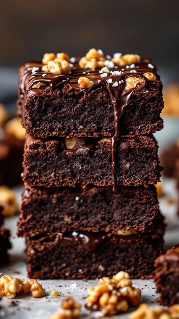 A stack of fudgy chocolate brownies topped with melted dark chocolate drizzle and chopped walnuts