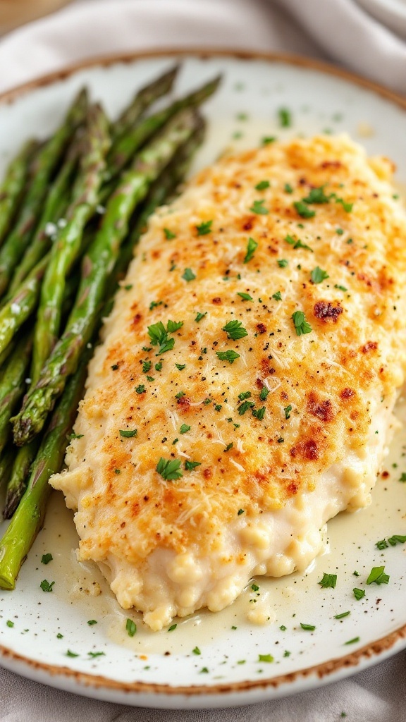 A plate of melt-in-your-mouth chicken with asparagus on the side.