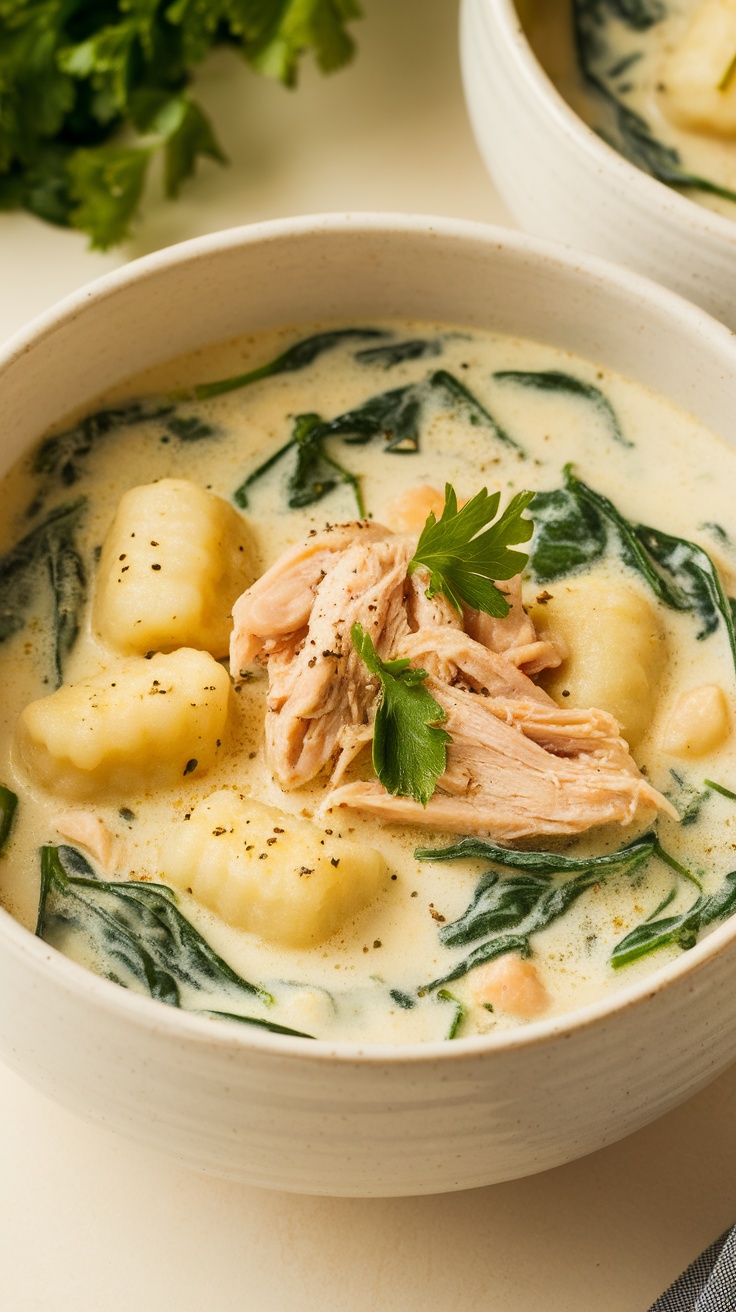 A bowl of Italian Chicken Gnocchi Soup with gnocchi, shredded chicken, and spinach.