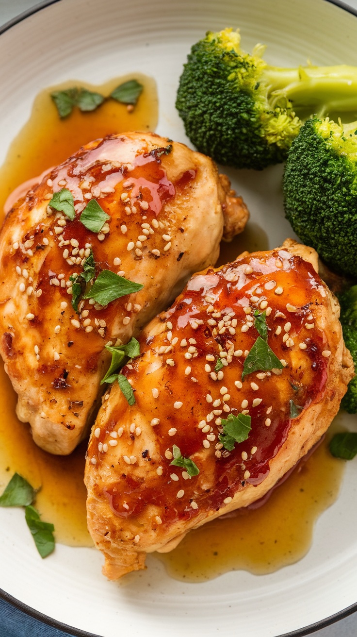 Juicy Honey Garlic Chicken Breast with broccoli on a plate