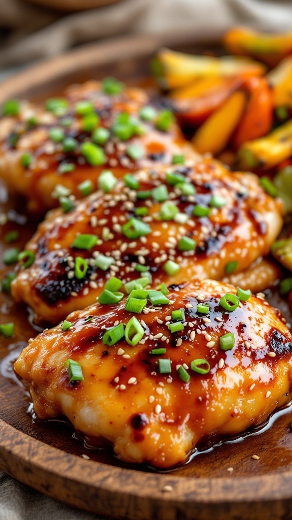 Three pieces of honey garlic chicken breast garnished with green onions and sesame seeds, served on a wooden plate