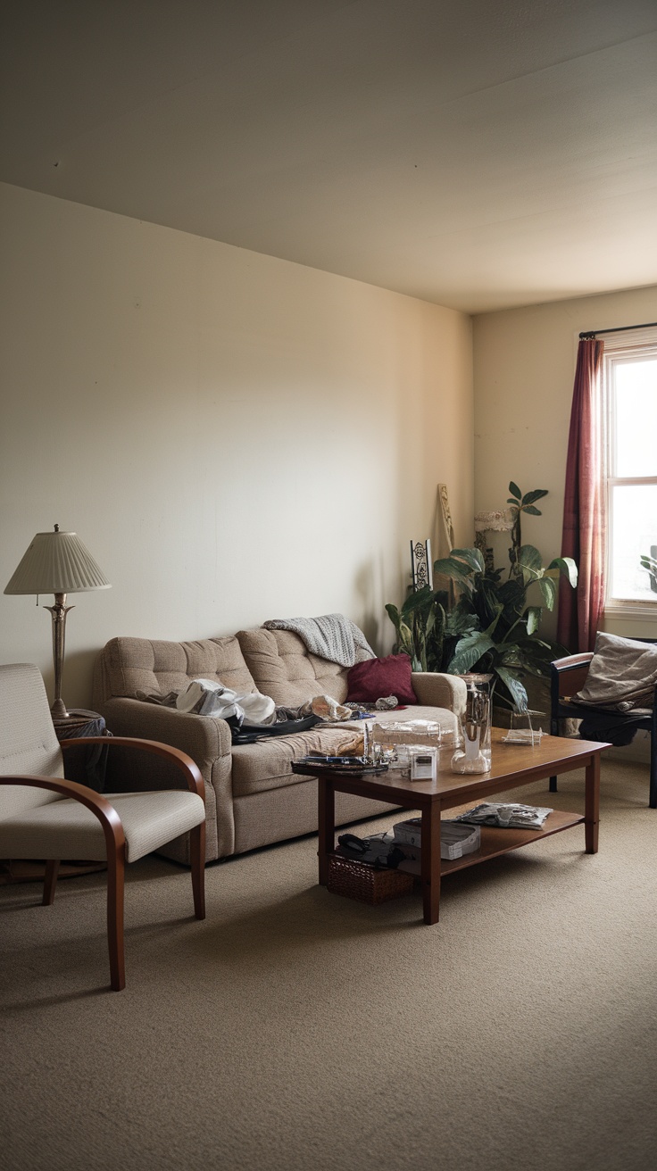 A living room with a sofa, armchair, coffee table, plants, and a lamp, lacking a clear focal point.