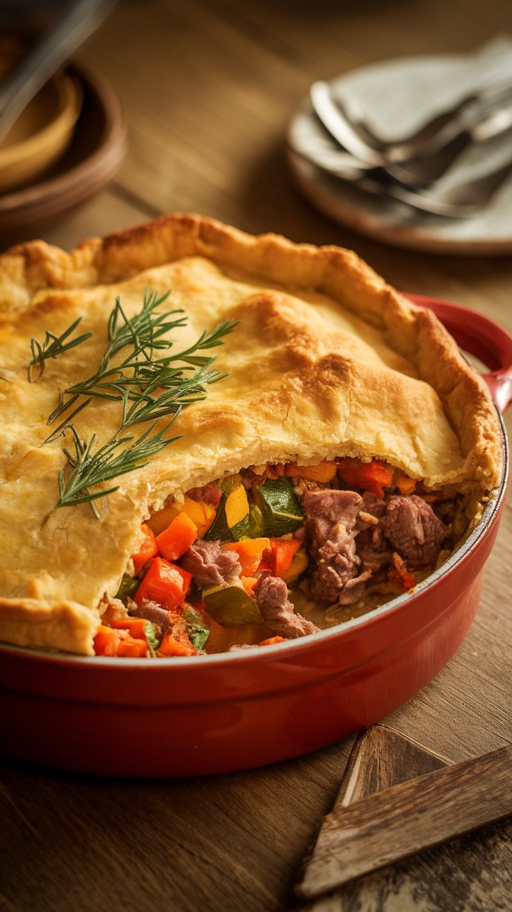 A delicious Lamb Shepherd's Pie with a golden crust and colorful vegetables peeking through