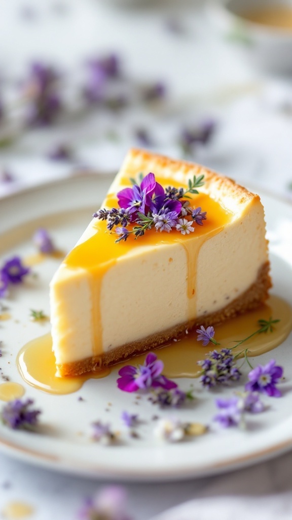 A slice of Lavender Honey Cheesecake with flowers on top and honey drizzle