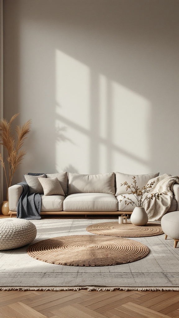 A cozy living room with layered rugs, a light sofa, and decorative elements.