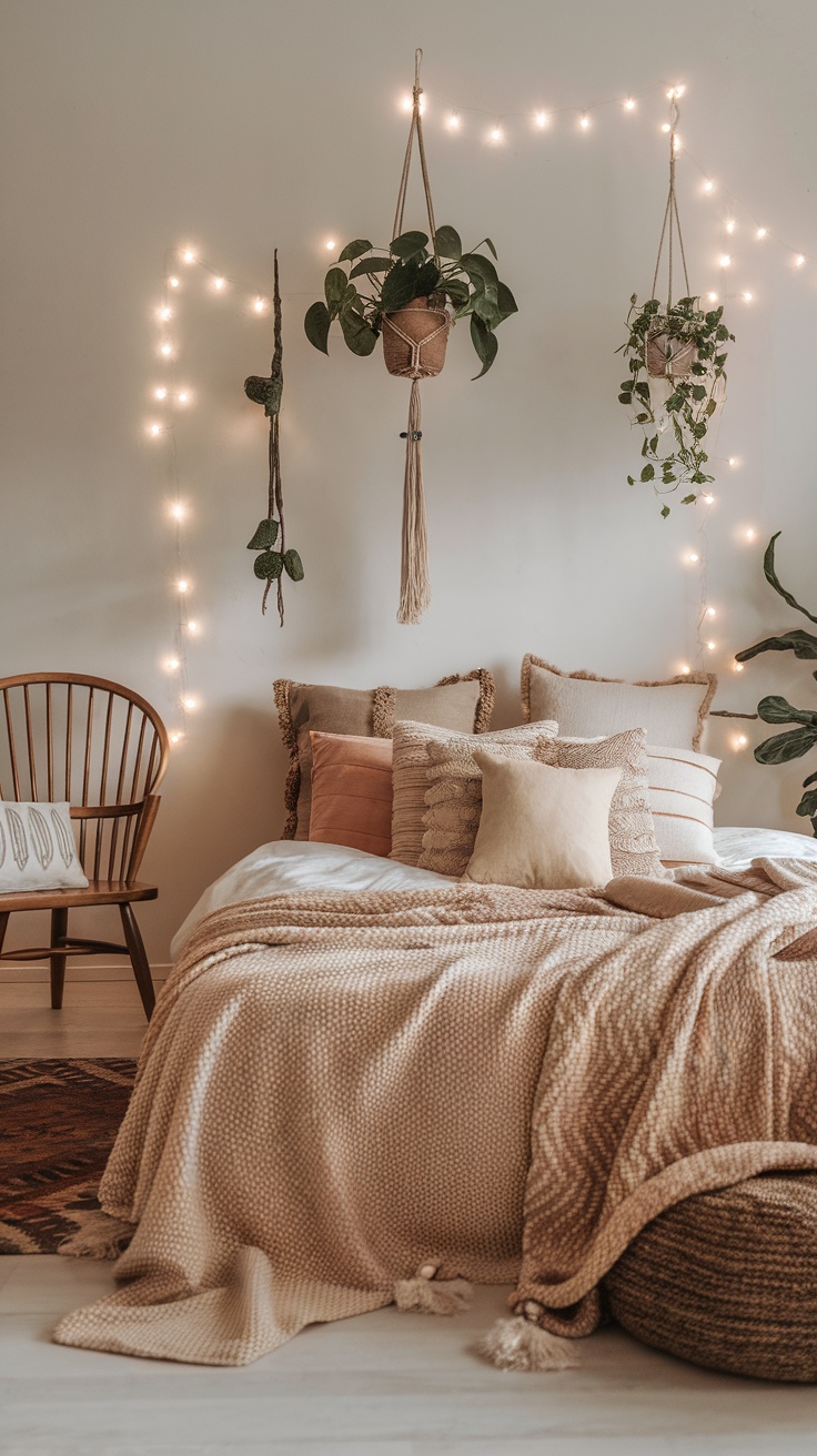 Cozy bedroom featuring layered textiles, cushions, and string lights.