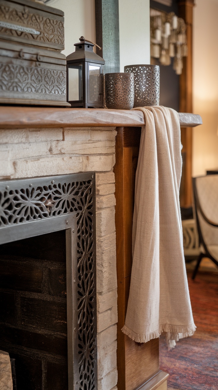 A beautifully decorated mantel featuring layered textures from wood, stone, and metal elements.