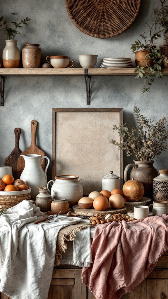 A kitchen countertop decorated with various pottery, fruits, and textiles, showcasing layered textures.