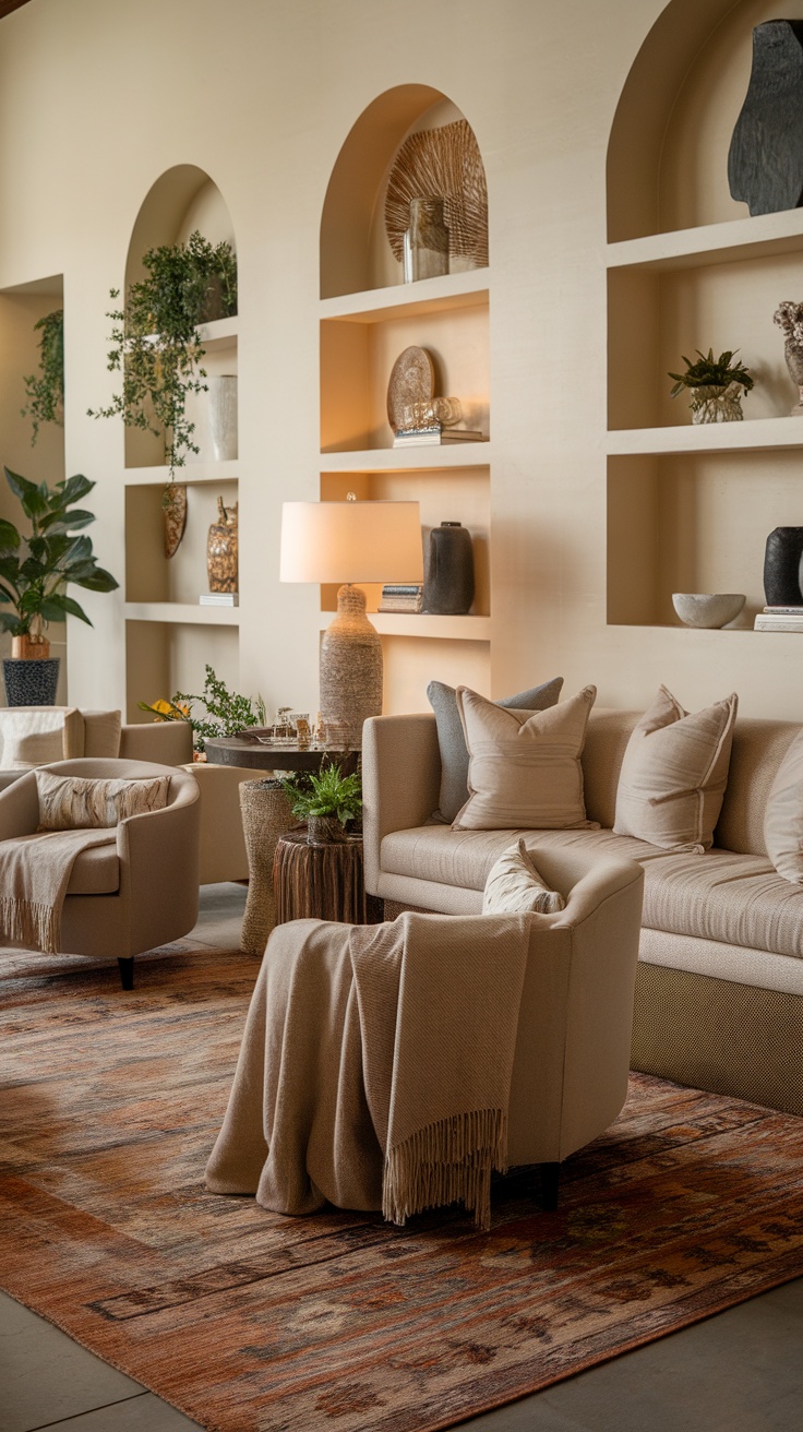 Cozy living room with layered textures, featuring a sofa, armchairs, a patterned rug, and decorative shelves.