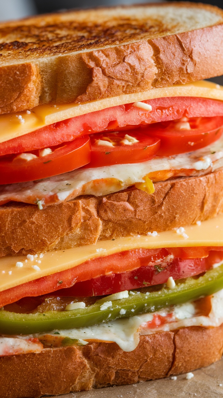 A toasted Italian sandwich with layers of cheese, tomatoes, and peppers.