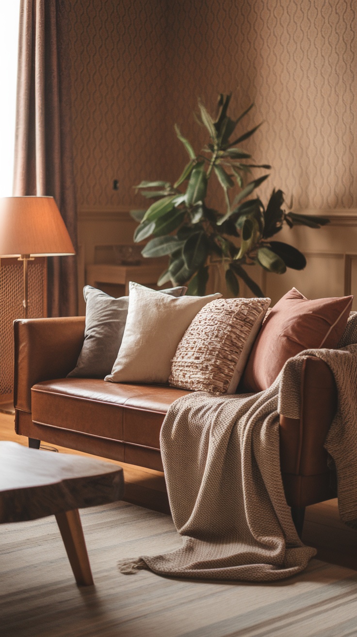 A cozy living room scene featuring a leather sofa with layered throw pillows and a blanket, complemented by a plant and warm lighting.