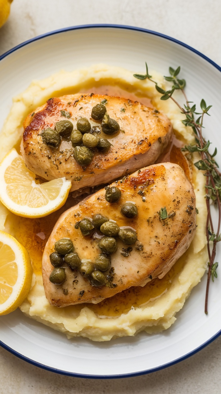 Lemon butter chicken breast served with mashed potatoes and garnished with capers and lemon slices.