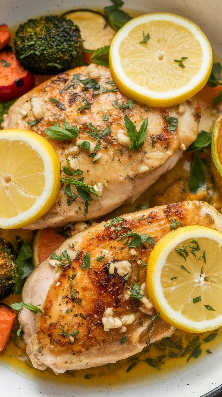 Lemon Butter Chicken Breast with lemon slices and herbs