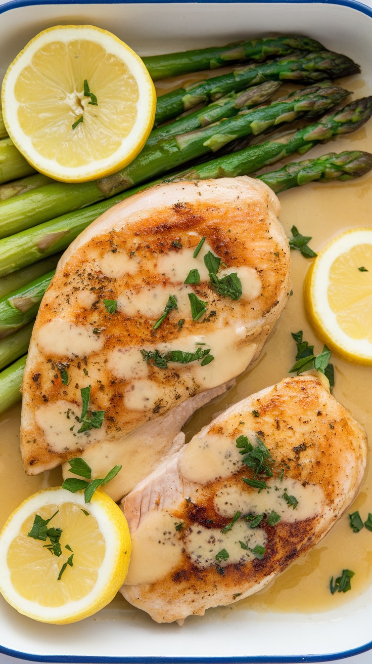 Lemon butter chicken served with roasted asparagus and lemon slices