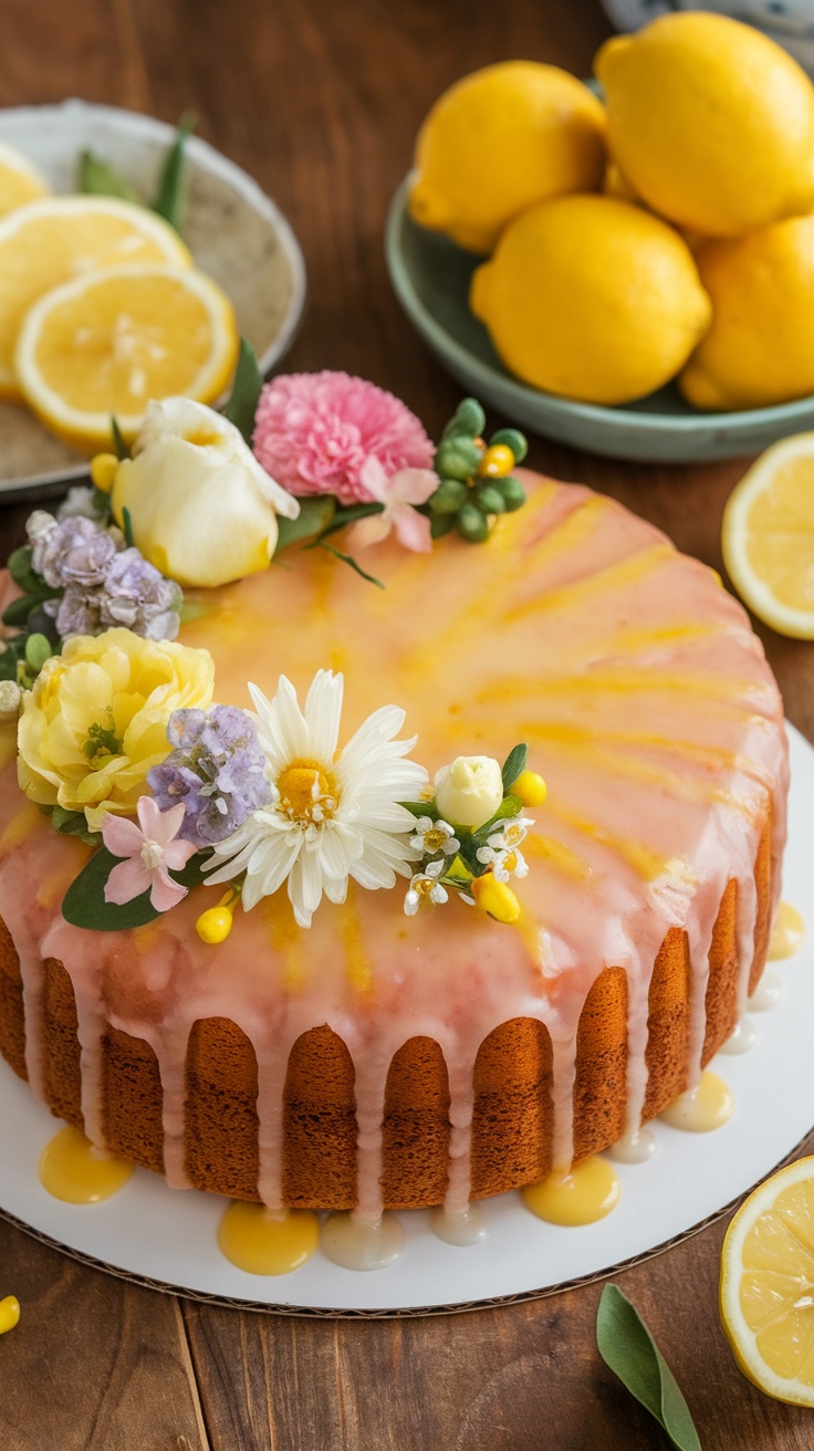 A beautifully decorated lemon drizzle cake with flowers on top, surrounded by fresh lemons.