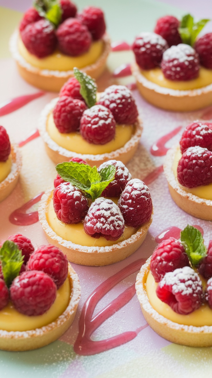 Delicious lemon raspberry tartlets garnished with fresh raspberries and mint sprigs.