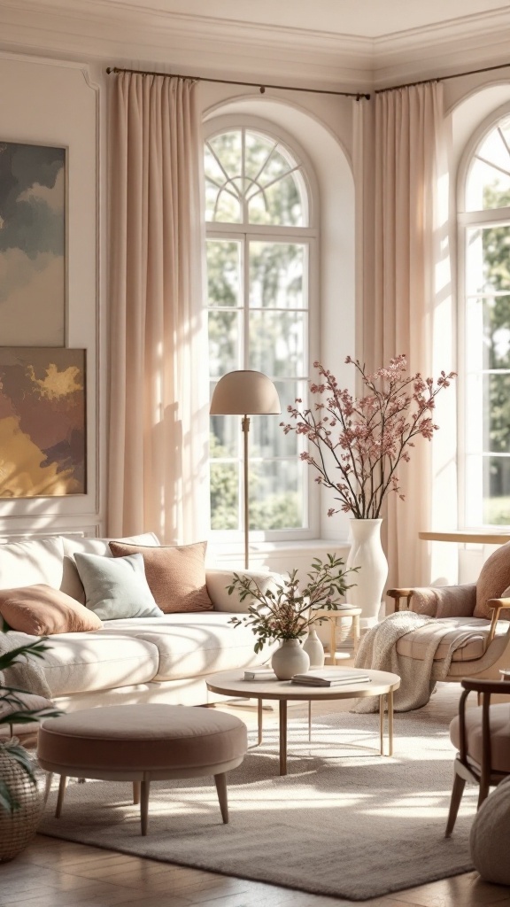 Light and airy living room with large windows, soft color palette, and cozy furniture.