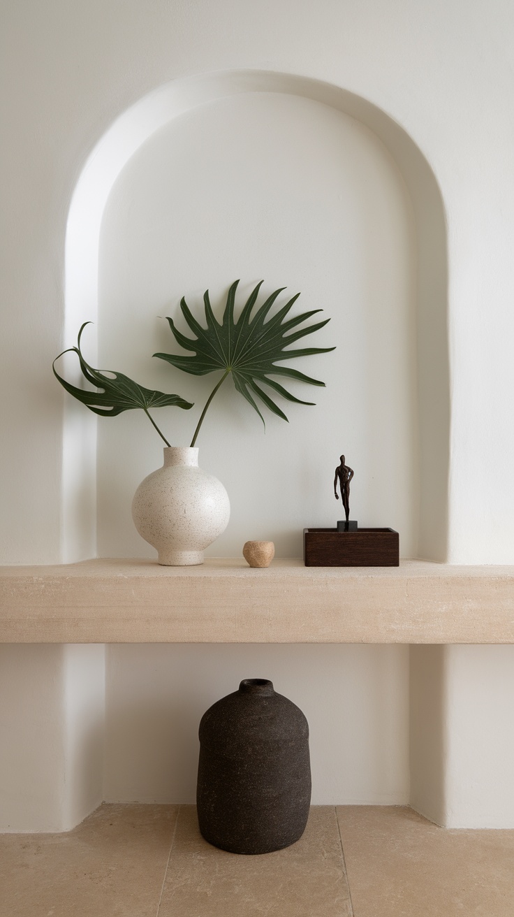 A minimalist shelf with a vase, plant, decorative figure, and stone against a simple background.