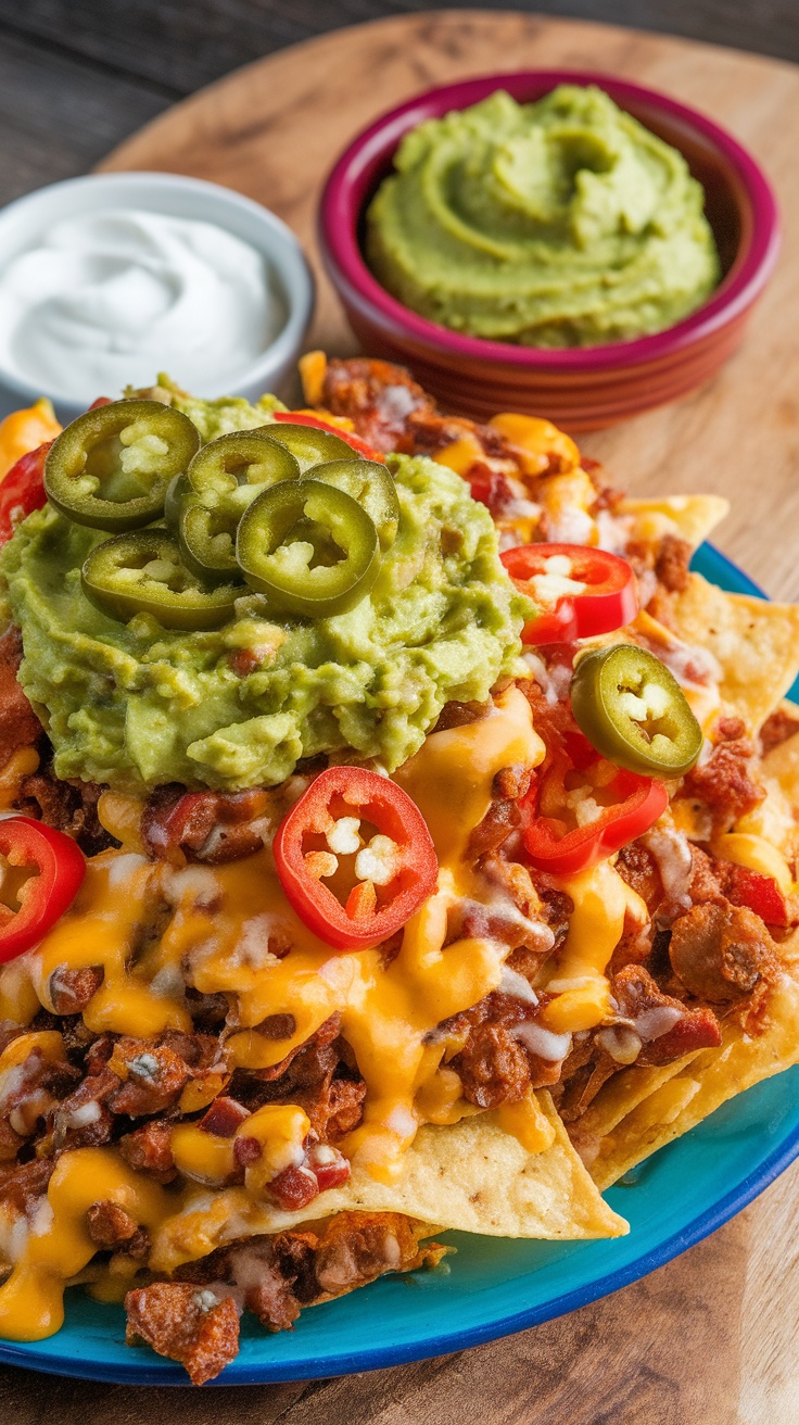 A colorful plate of loaded nachos topped with cheese, jalapeños, red pepper slices, and served with guacamole and sour cream.