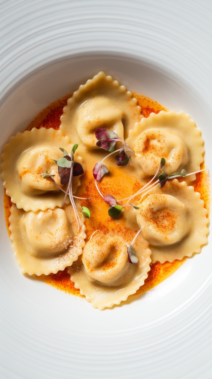 A plate of lobster ravioli served with saffron cream sauce and garnished with microgreens.