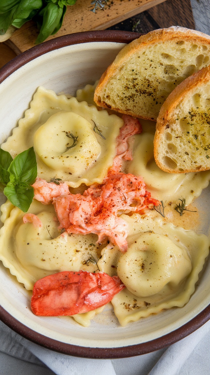 A bowl of lobster ravioli with saffron cream sauce and a slice of bread.