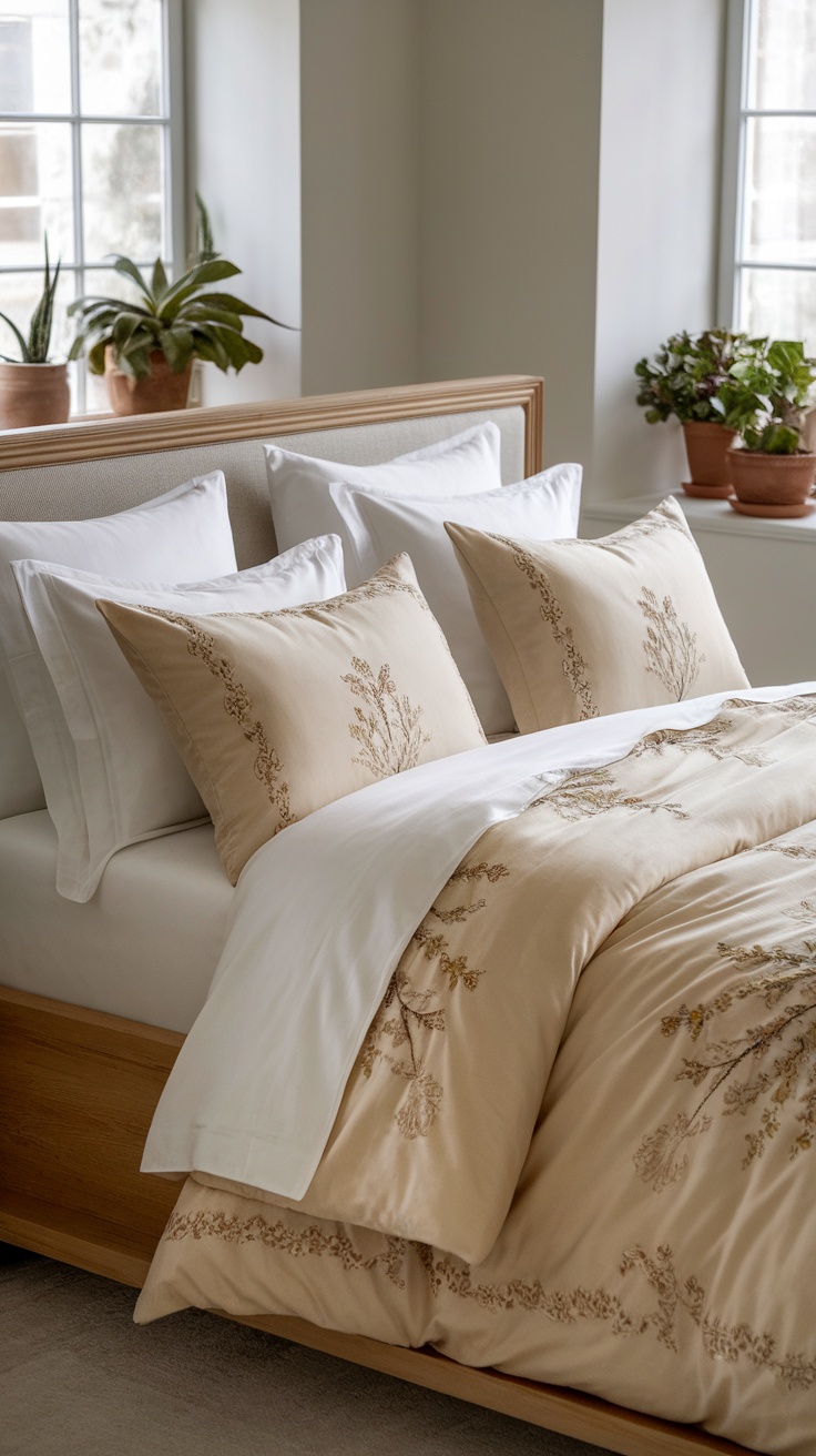 Luxurious bedding with intricate embroidery, featuring plush pillows and a soft color palette.