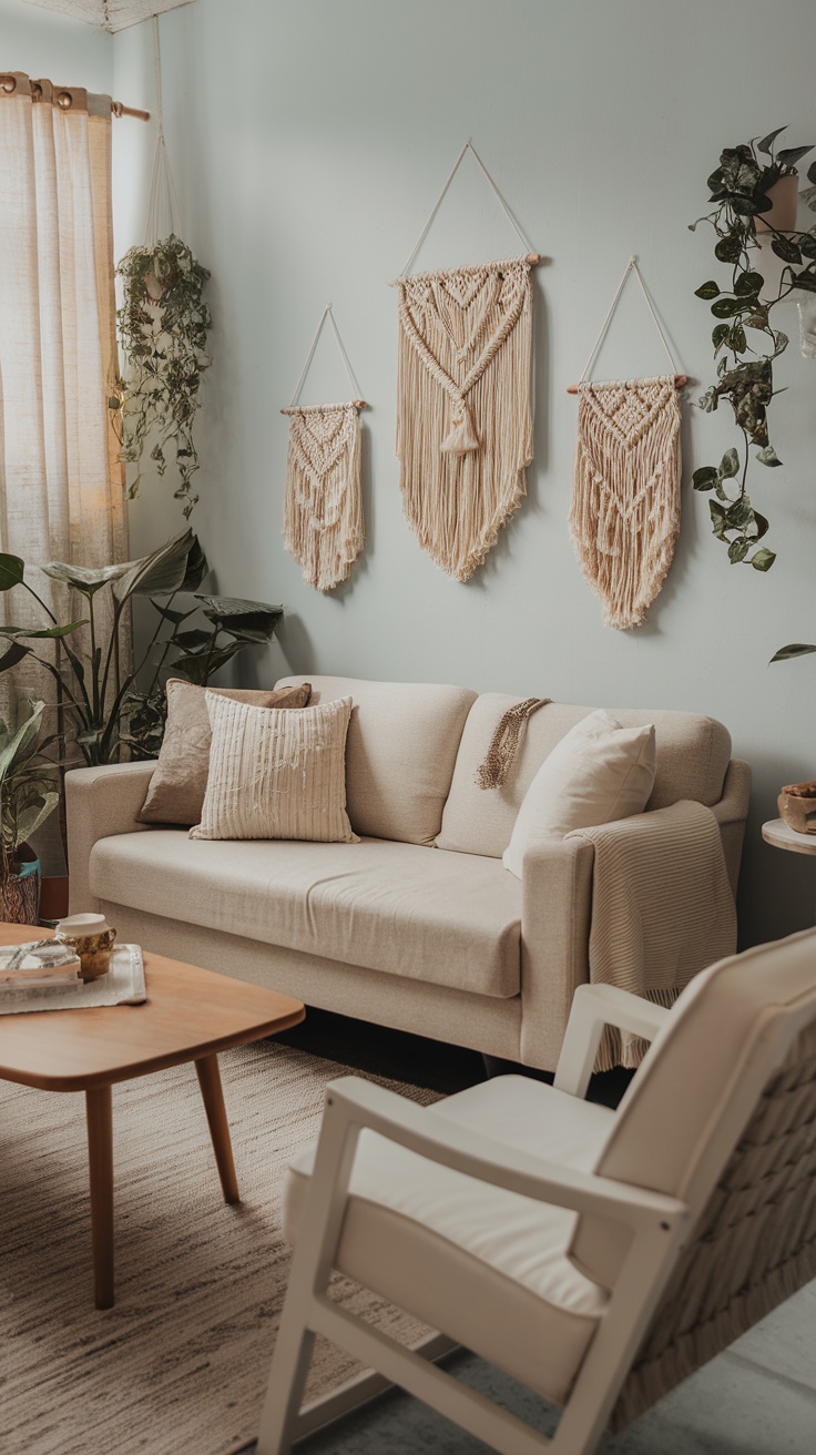Cozy living room with macrame wall hangings, plants, and a neutral sofa