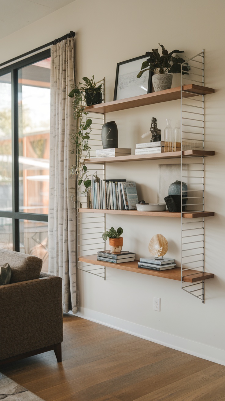 A stylish arrangement of floating shelves with plants, books, and decorative items.