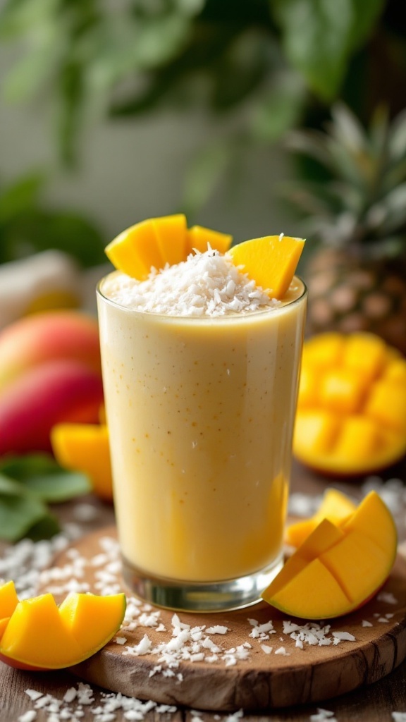 A refreshing Mango Coconut Chia Smoothie topped with mango slices and shredded coconut
