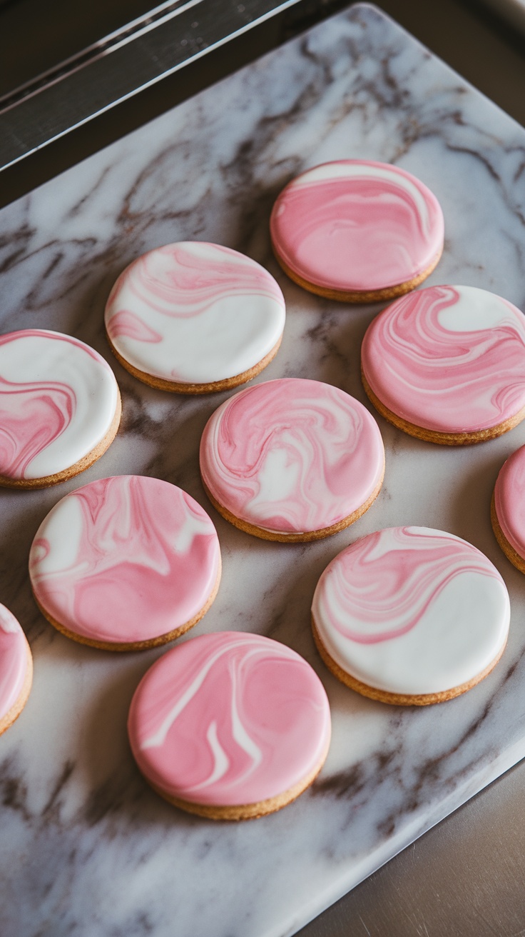 Marbled pink and white cookies arranged on a marble surface.