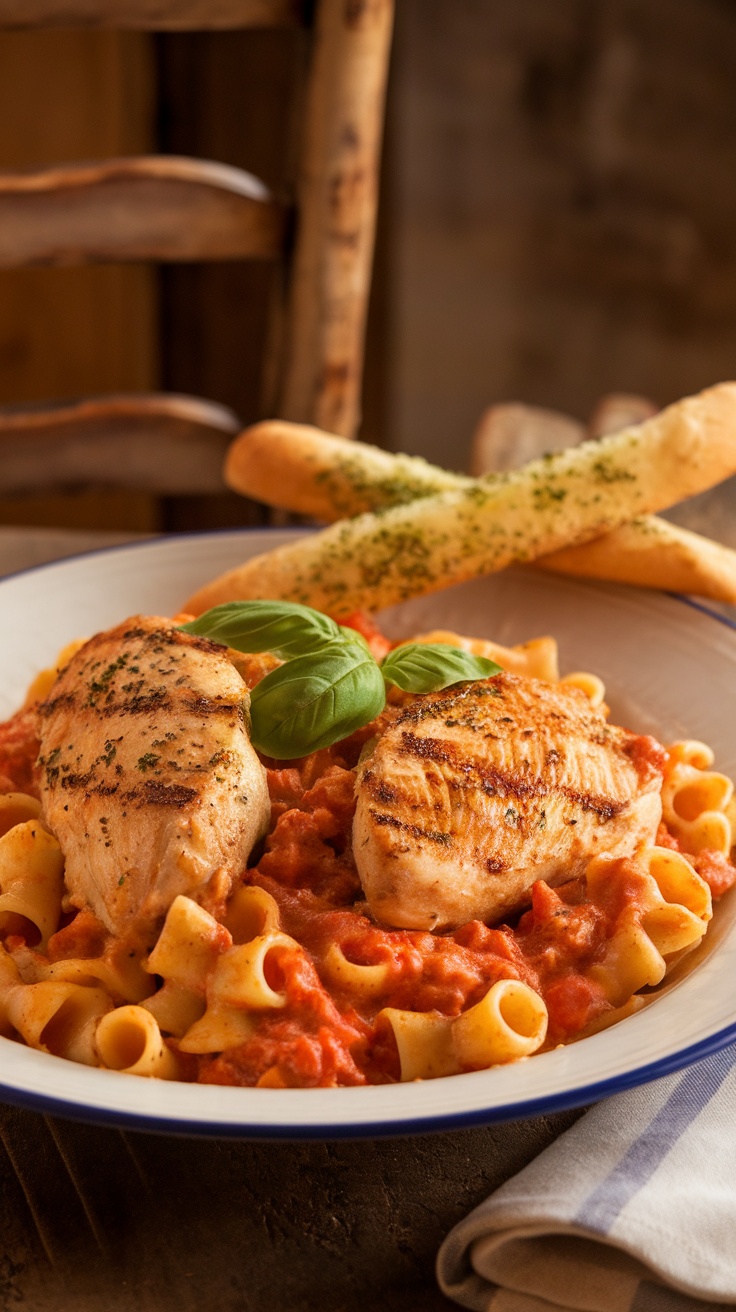 A plate of Marry Me Chicken Pasta featuring grilled chicken on pasta with a creamy tomato sauce.