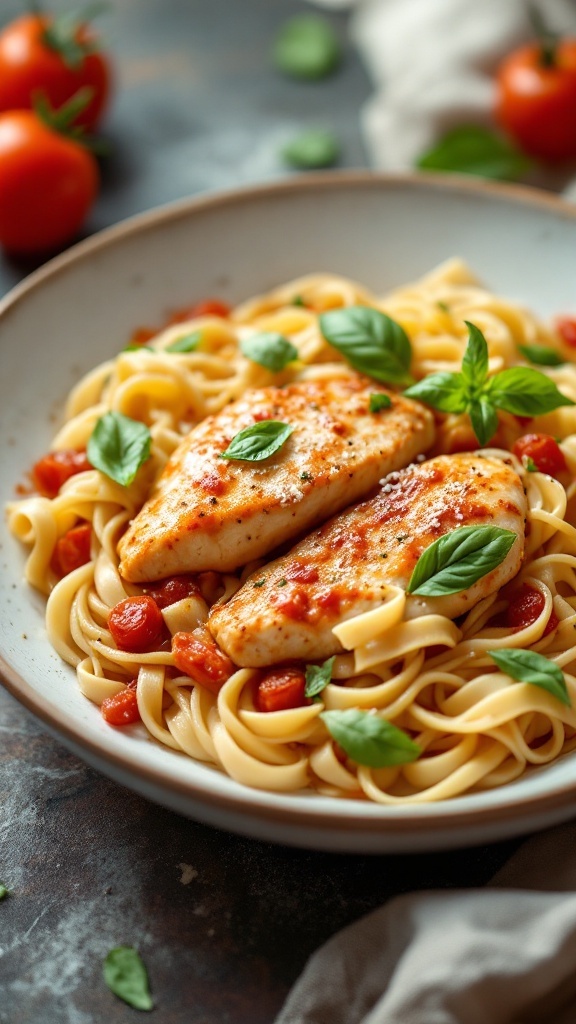 A plate of Marry Me Chicken Pasta featuring fettuccine, chicken, and fresh basil.