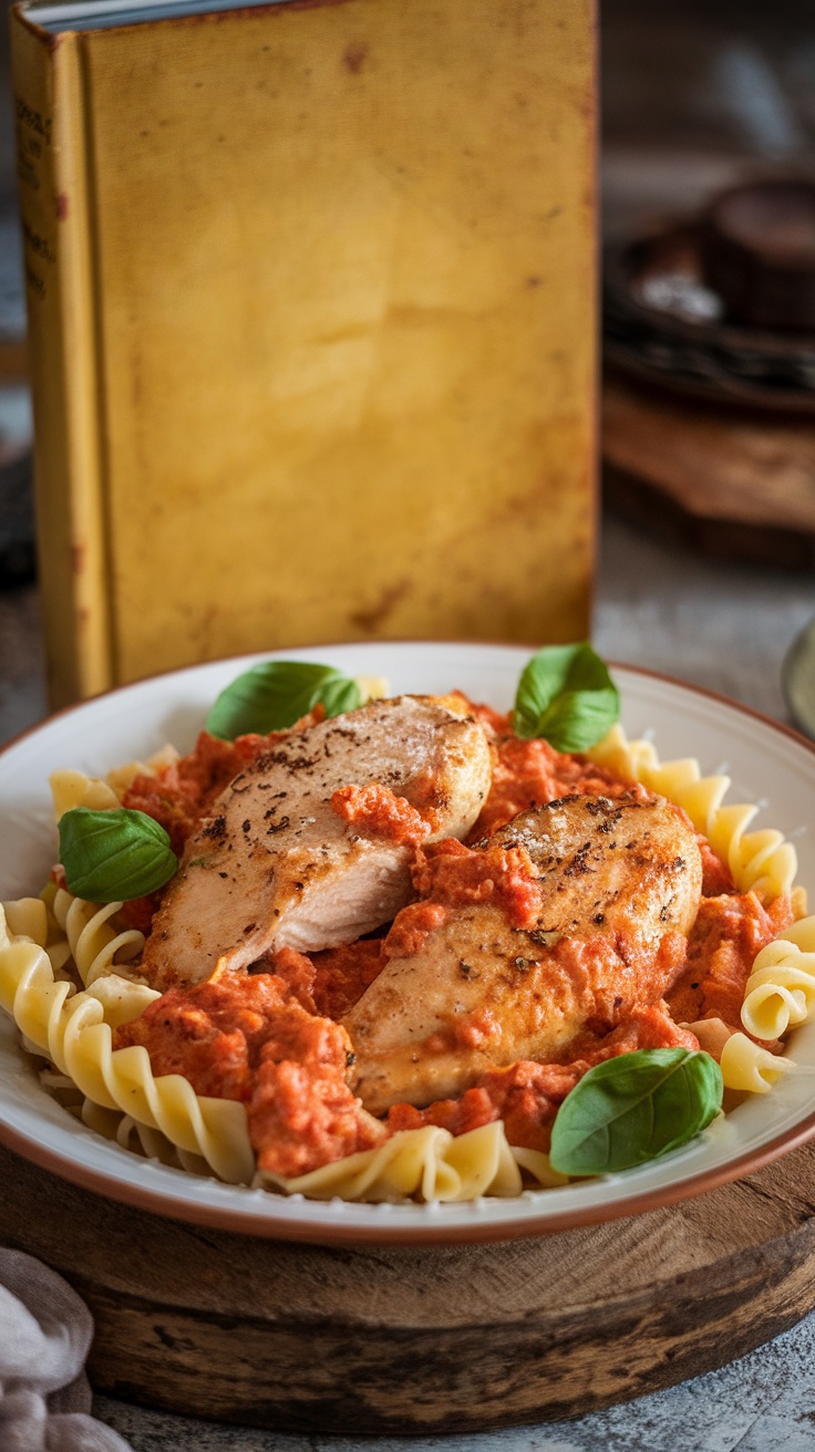 Plate of Marry Me Chicken Pasta with chicken breasts, creamy tomato sauce, and fresh basil