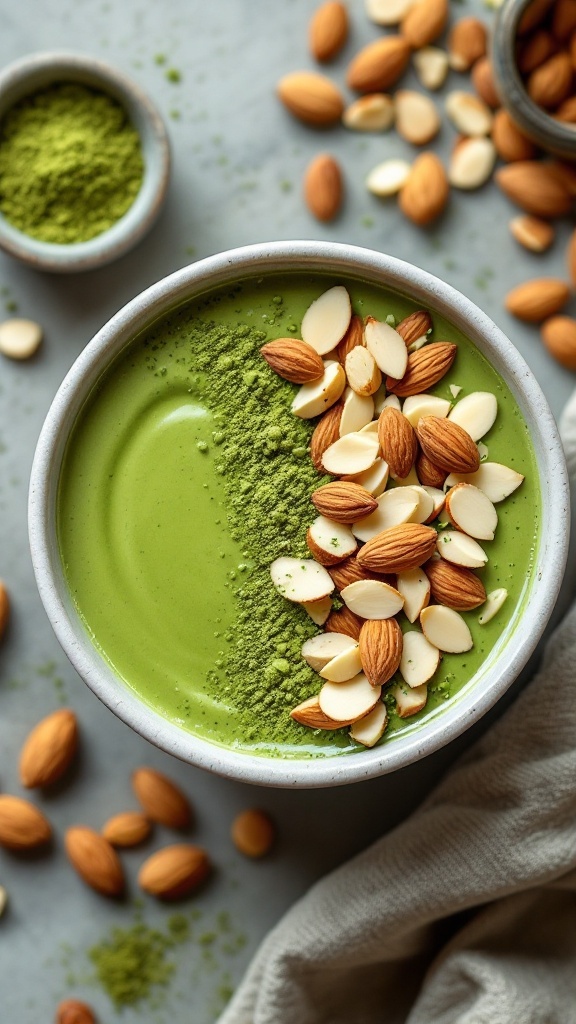 A bowl of matcha almond milk smoothie topped with almonds and matcha powder.