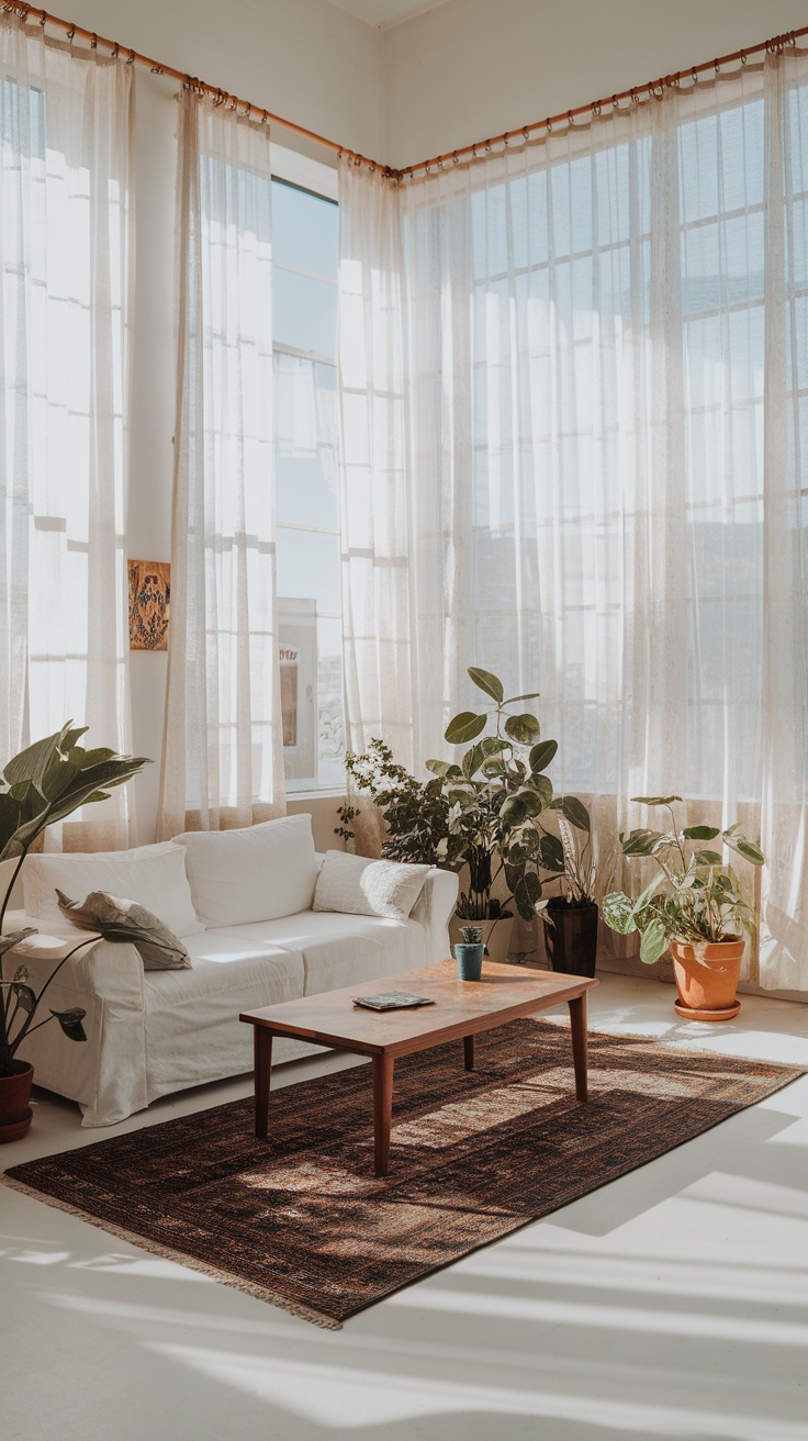 Bright minimalist living room with large windows, light curtains, plants, and a simple wooden coffee table.