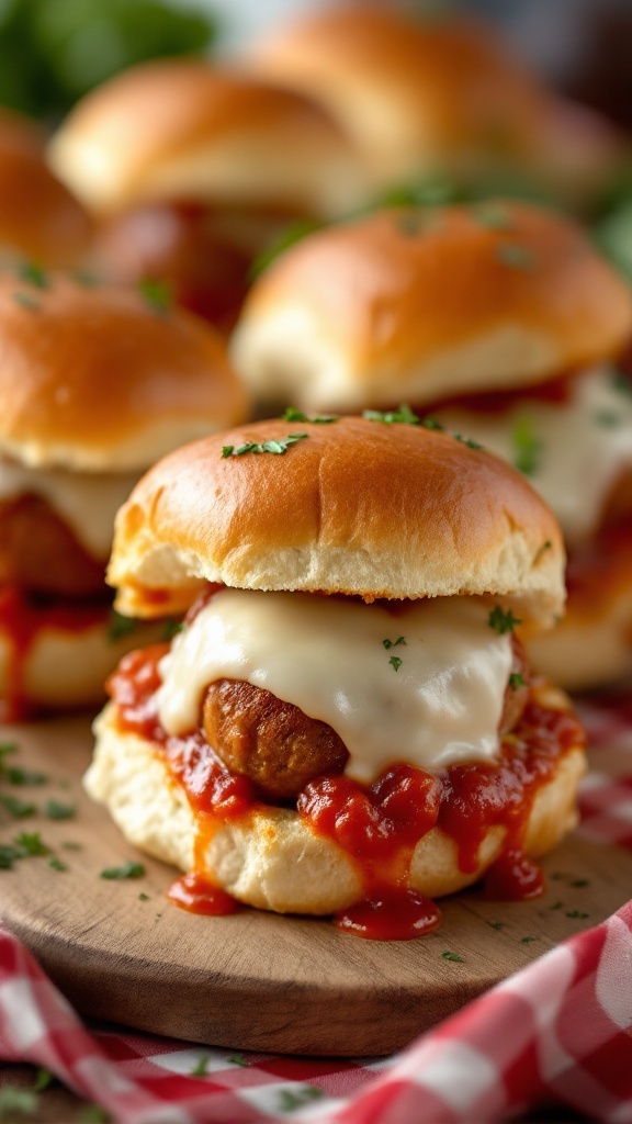 Meatball sliders with marinara sauce and cheese, served on a wooden board.