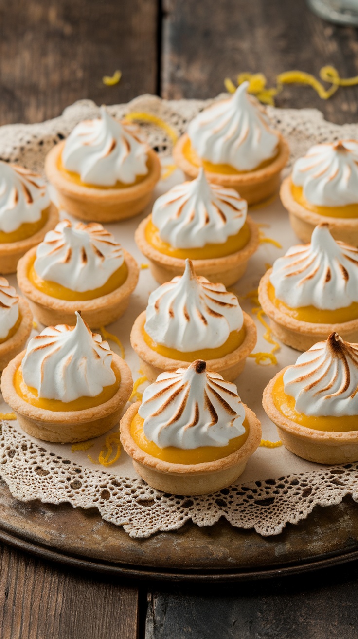 Mini lemon meringue pies on a platter with decorative elements.