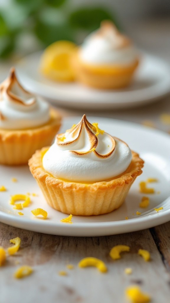 Mini lemon meringue pies on a plate with lemon zest