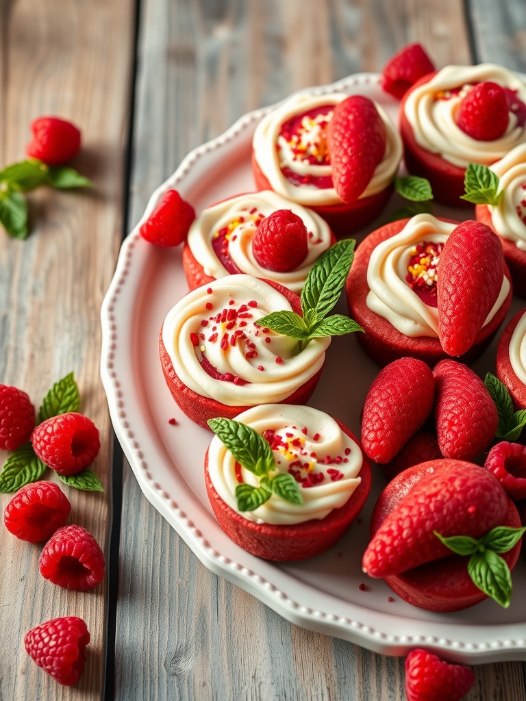 A plate of mini red velvet cheesecakes topped with cream cheese frosting, fresh strawberries, and mint leaves.