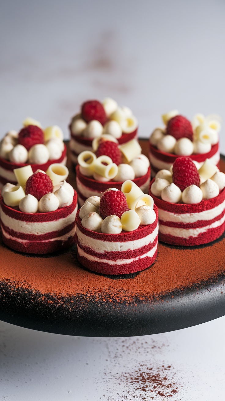 Mini red velvet cheesecakes topped with berries and white chocolate curls