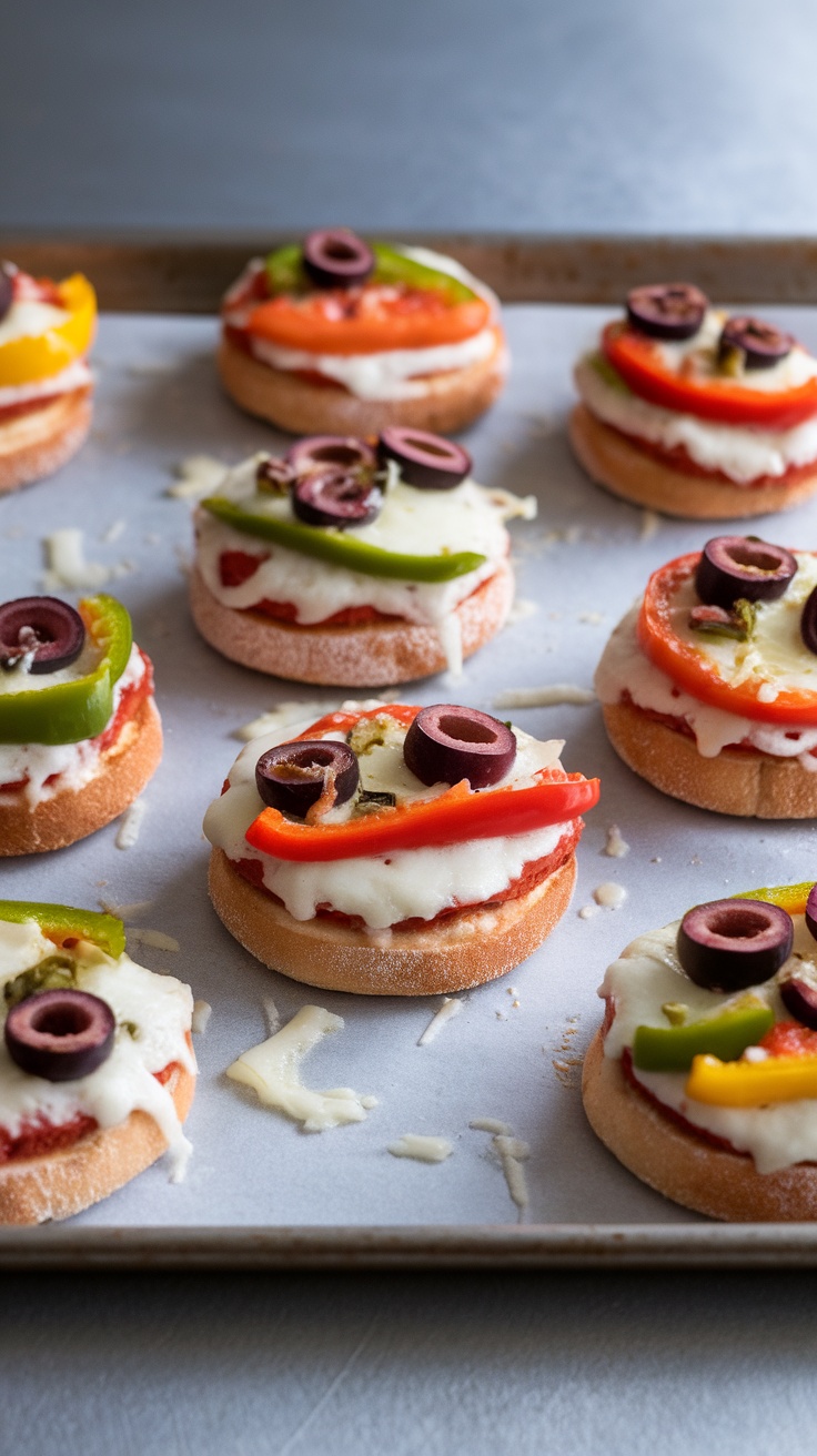 Mini veggie pizzas on English muffins topped with cheese, olives, and bell peppers.